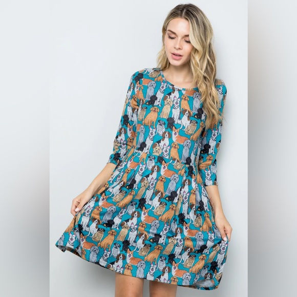 Dogs Print 3/4 Sleeves Sweater Dress With Pockets - Picture 5 of 7